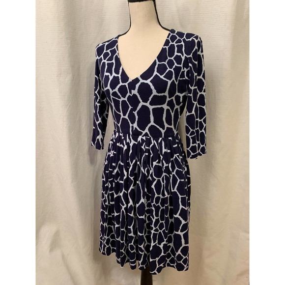 Jones New York Navy White Animal Print 3/4 Sleeve Knee Length Dress Pockets 6P - Picture 4 of 6